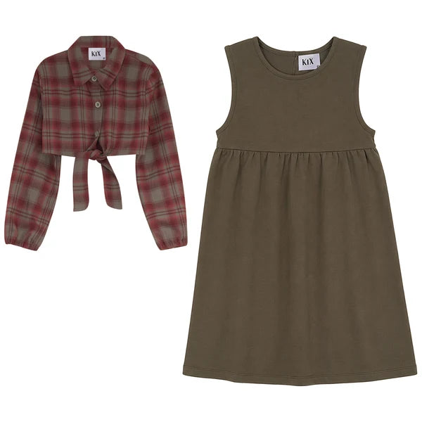Dress With Attached Plaid Shirt - Olive