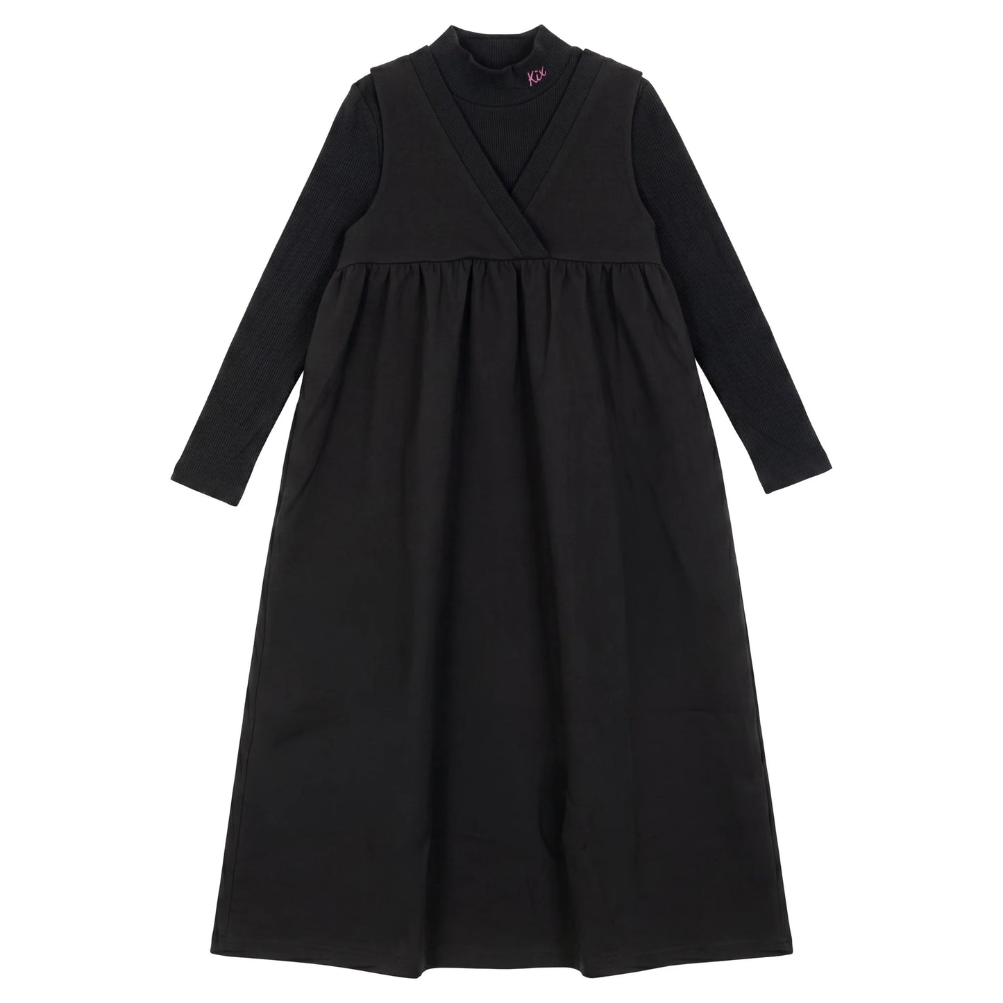 V Neck High Waist Maxi Dress With T-Shirt - Black