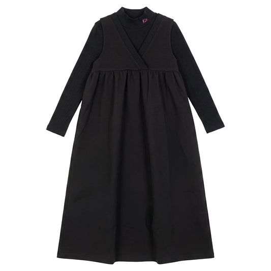 V Neck High Waist Maxi Dress With T-Shirt - Black