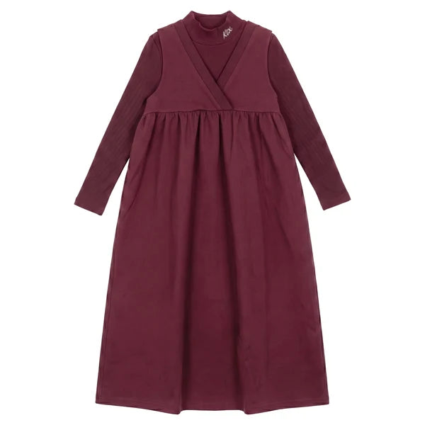 V Neck High Waist Maxi Dress With T-Shirt - Burgundy