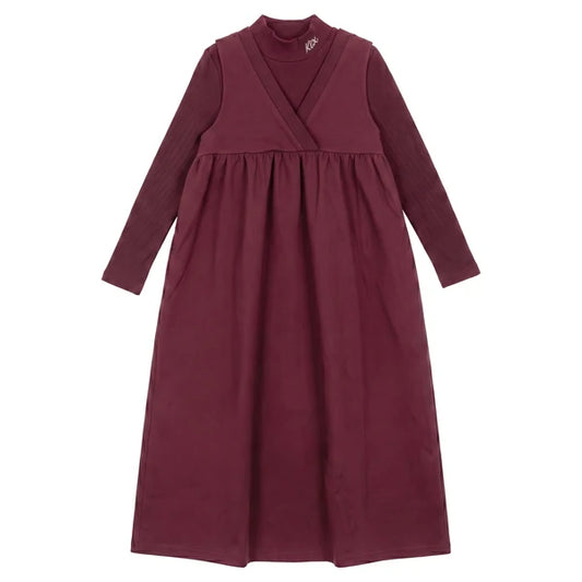 V Neck High Waist Maxi Dress With T-Shirt - Burgundy