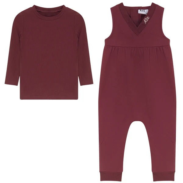V Neck High Waist Romper With T-Shirt - Burgundy
