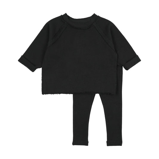 Raglan Sleeve Raw Edge Sweatshirt + Legging Set Black