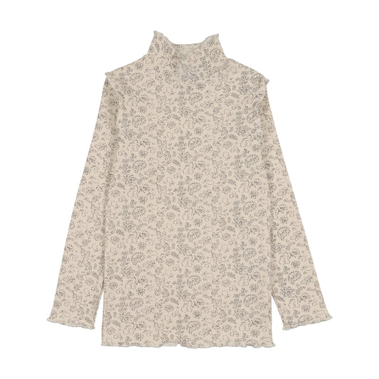 Scalloped Edge Mockneck Floral Print- Chestnut