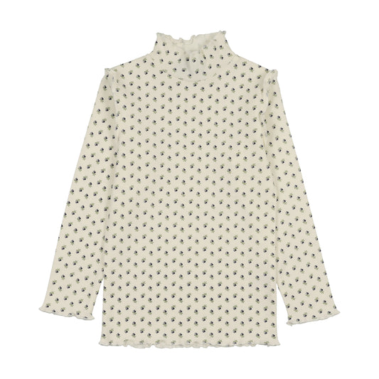 Scalloped Edge Mockneck Tulip Print- Blue