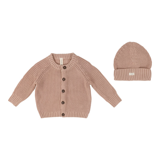 Chunky Knit Cardigan with Beanie- Peach