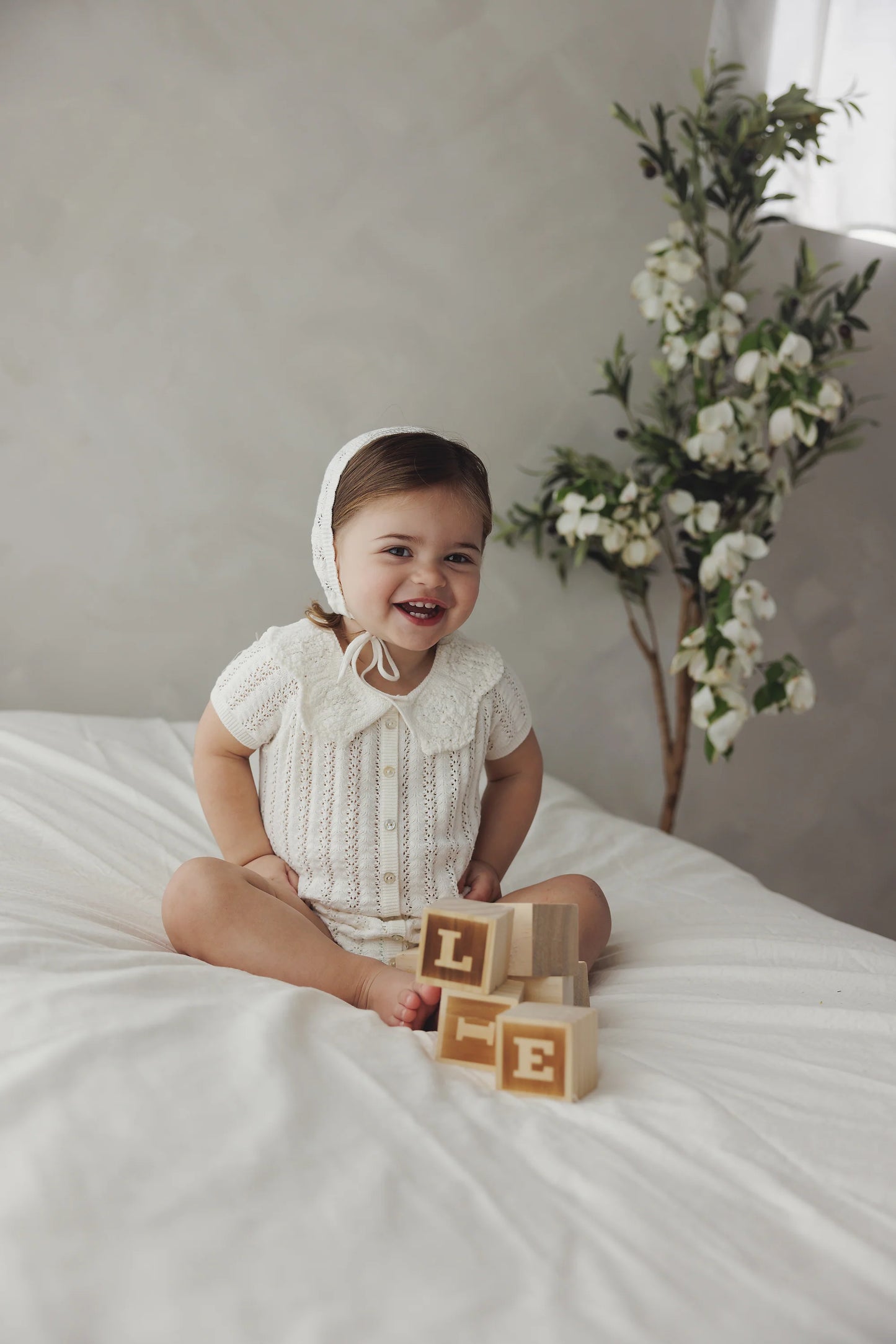 Crochet Knit Girls Romper - Cream