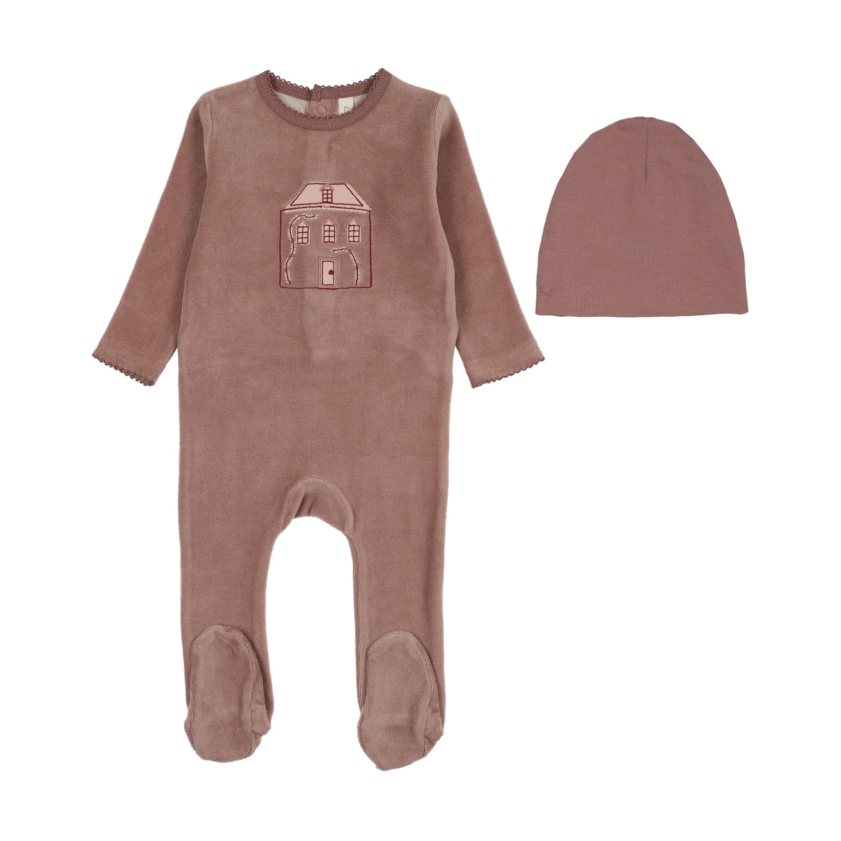 Stitched graphic velour footie set- Mauve