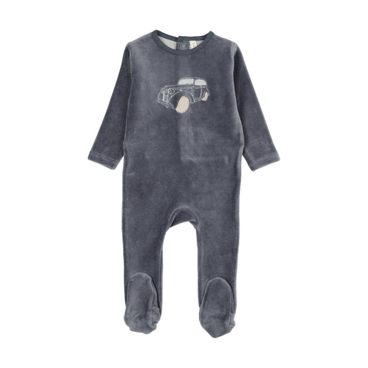 Stitched graphic velour footie- Off Navy