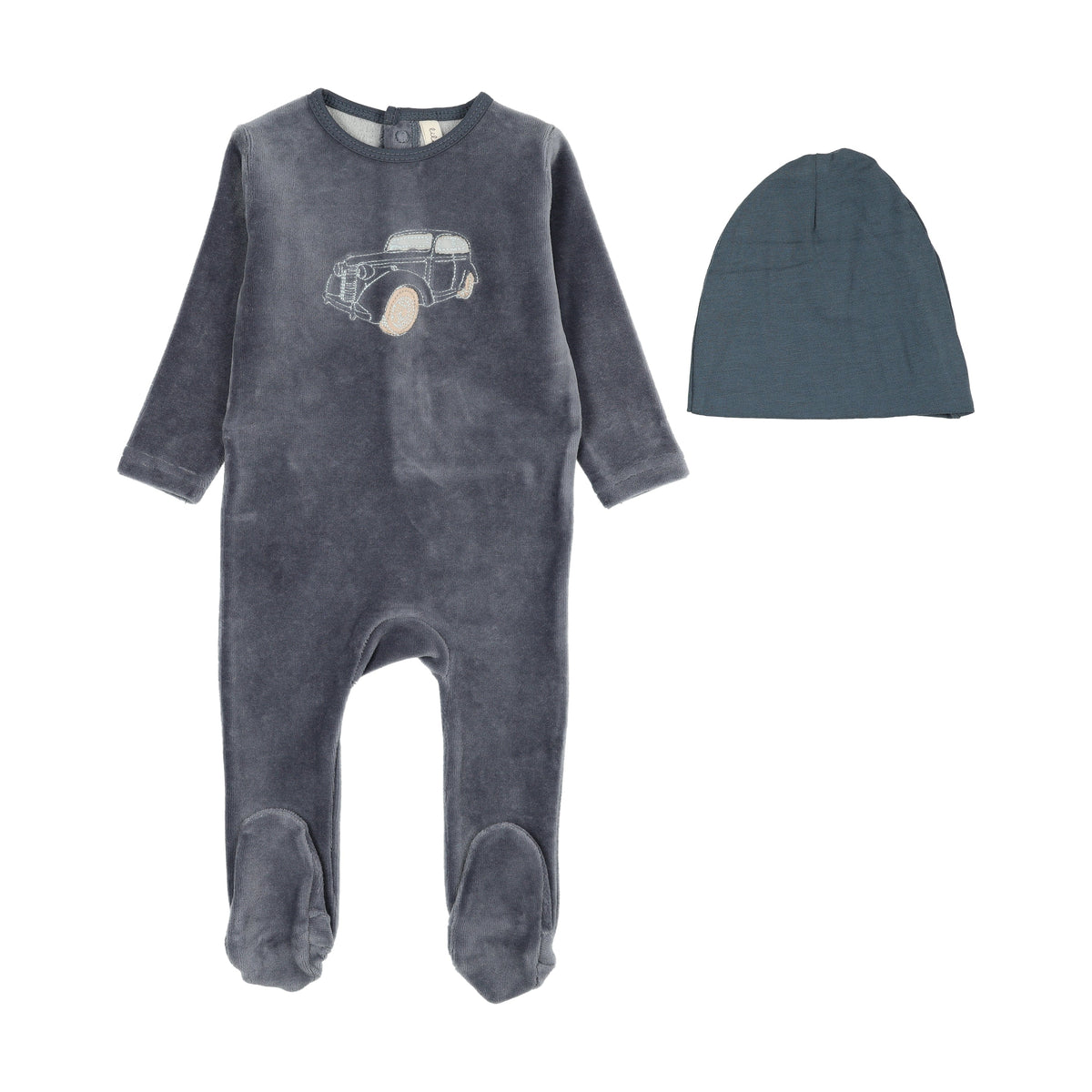 Stitched graphic velour footie set- Off Navy