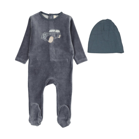 Stitched graphic velour footie set- Off Navy