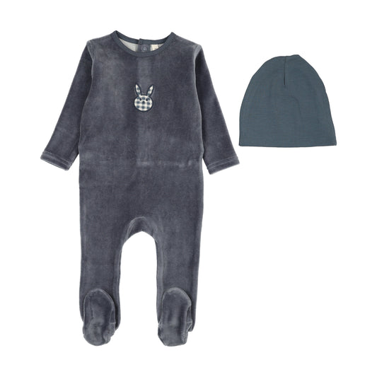 Velour gingham bunny footie set- Off Navy