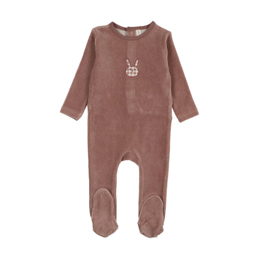 Velour gingham bunny footie- Mauve