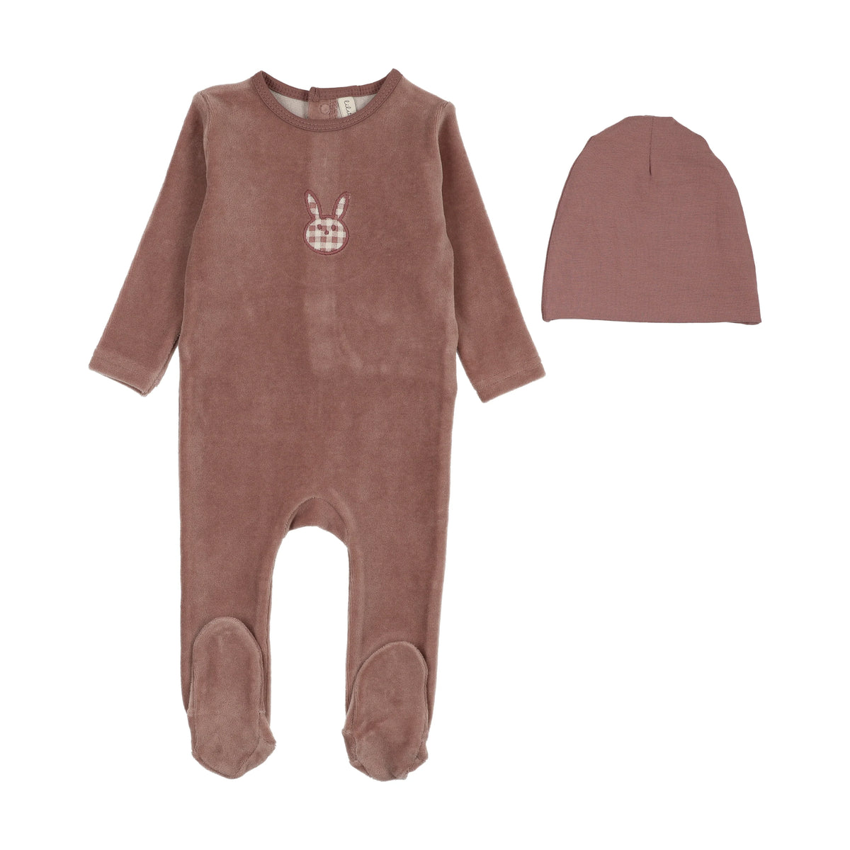 Velour gingham bunny footie set- Mauve