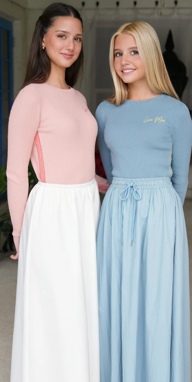 Pale Blue Jean Ribbed Knit Top