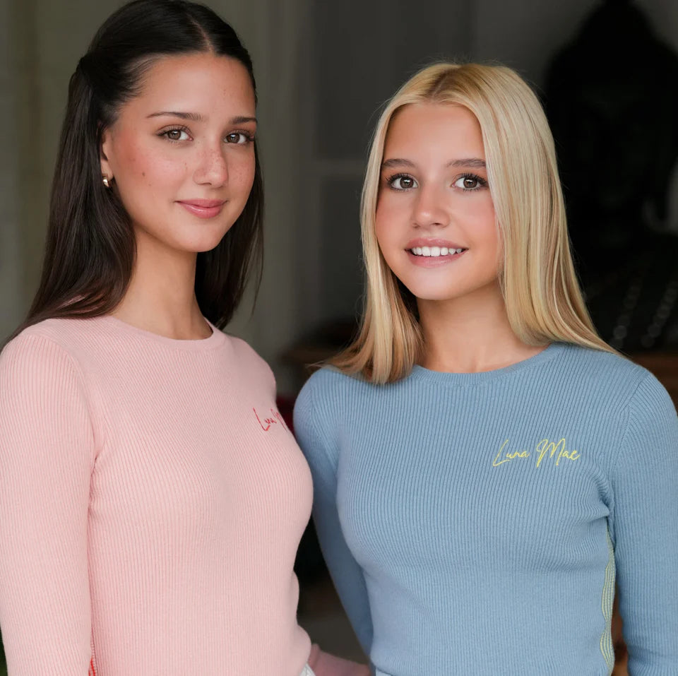 Pale Blue Jean Ribbed Knit Top