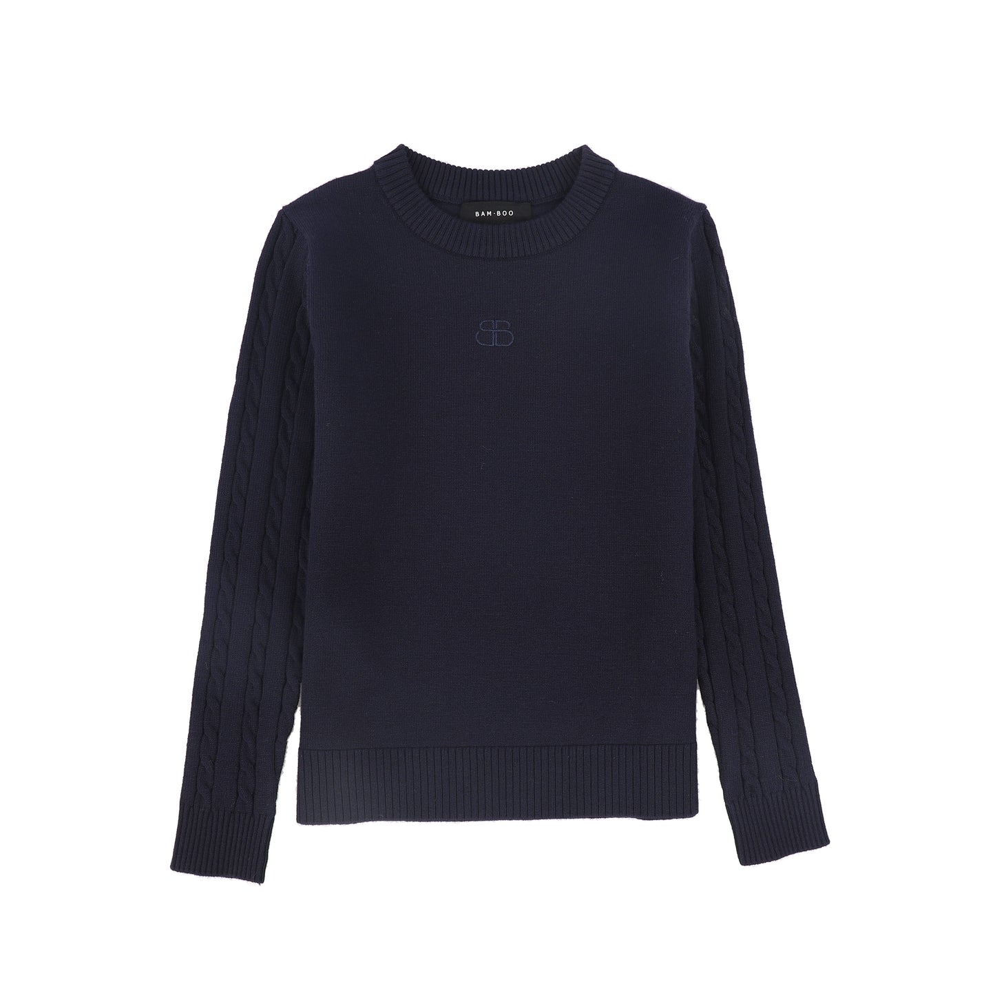 Cable Knit Sleeve Logo Sweater - Navy