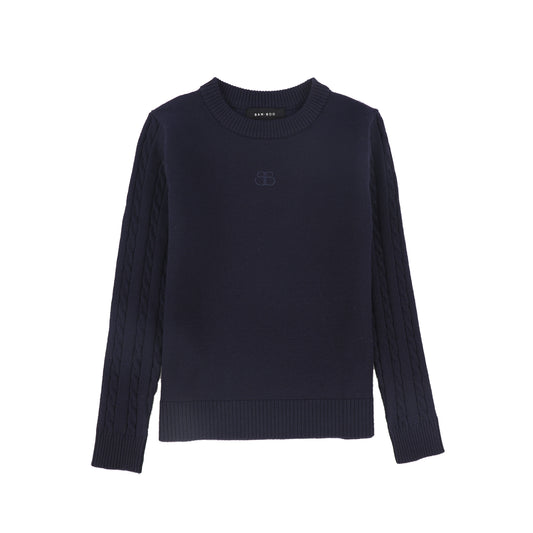 Cable Knit Sleeve Logo Sweater - Navy
