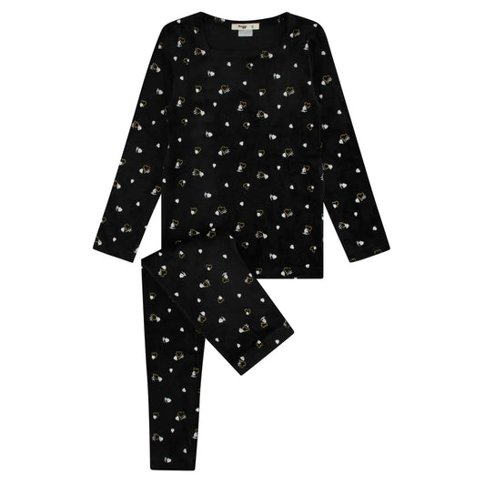 Black- Gold And White Velour Heart Printed Loungewear Set