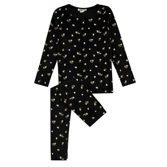 Black- Gold And White Velour Teddy Printed Loungewear Set
