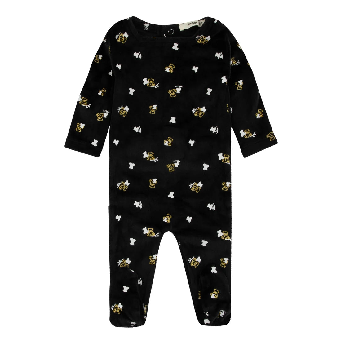 Black, Gold And White Velour Teddy Printed Footie