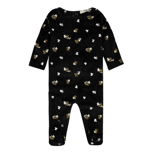 Black, Gold And White Velour Teddy Printed Footie