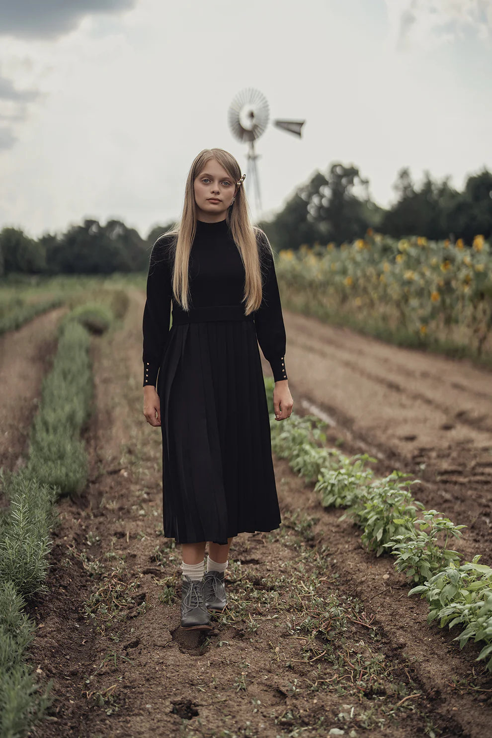 Black Pleated Bottom Knit Top Dress