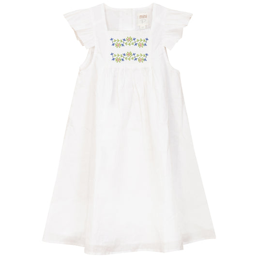 White Embroidery Smocked Linen Dress