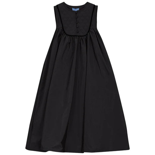 QUILTED YOKE FLARED DRESS- Black