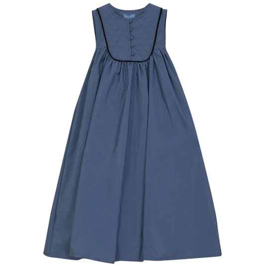 QUILTED YOKE FLARED DRESS- Blue