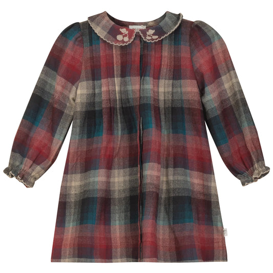 EMBROIDERED TRIM PLAID DRESS