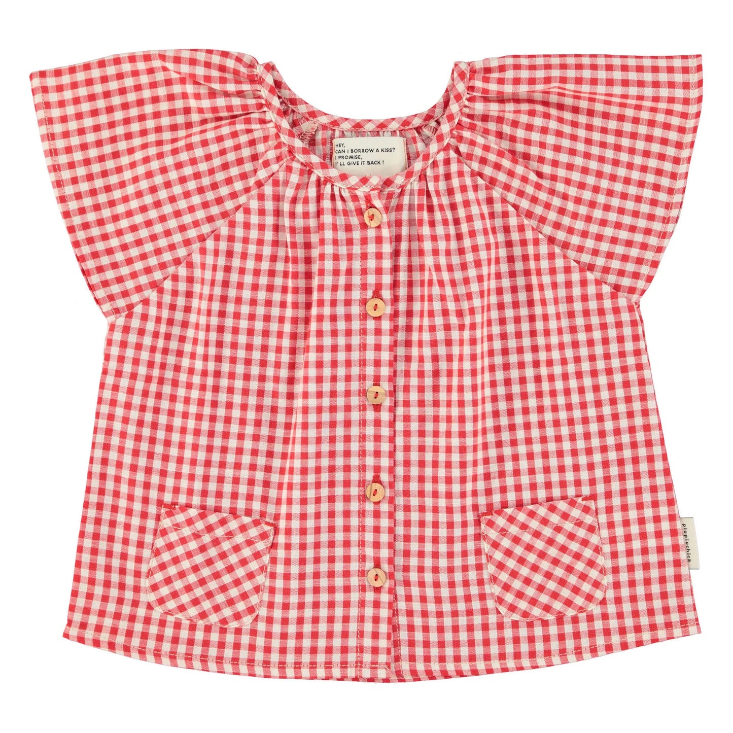 Red & Ecru Checkered Blouse w/ Butterfly Sleeves