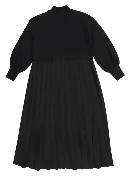 Black Pleated Bottom Knit Top Dress