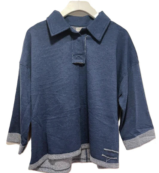 Gwen Cropped Collar Top- Denim Blue