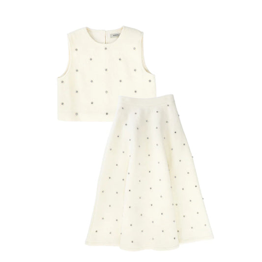 Jewel Wool Vest and Midi Skirt- Ivory