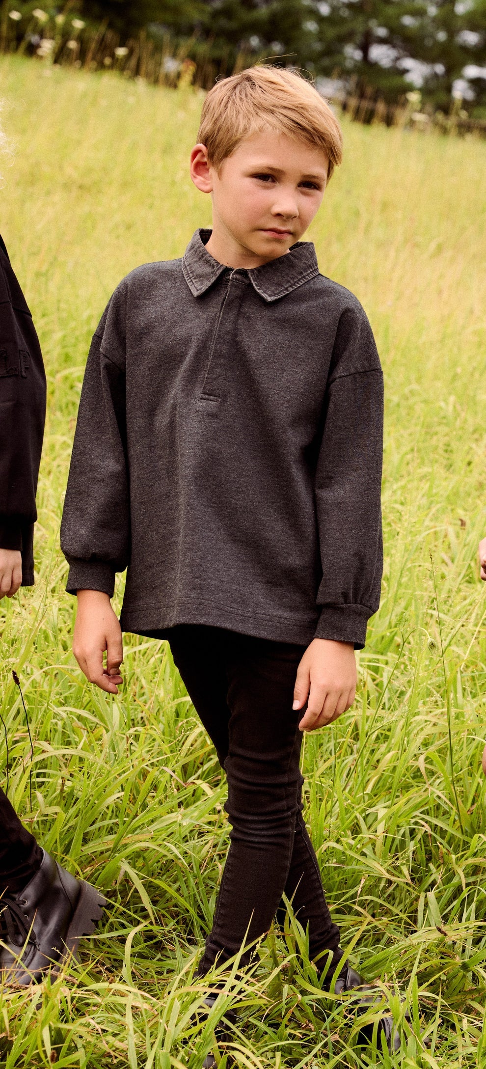 Boys Denim Collar Polo - Grey