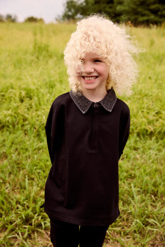 Boys Denim Collar Polo - Black
