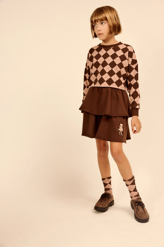 Casual Cropped Argyle Sweatshirt - Brown