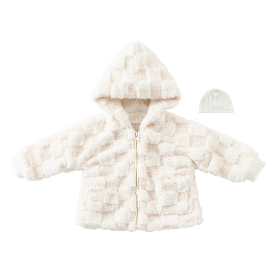 White Checkered Fur Jacket & Rib Hat Set