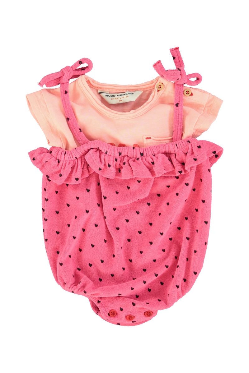 Baby Romper with Ruffles Pink with Black Hearts Allover