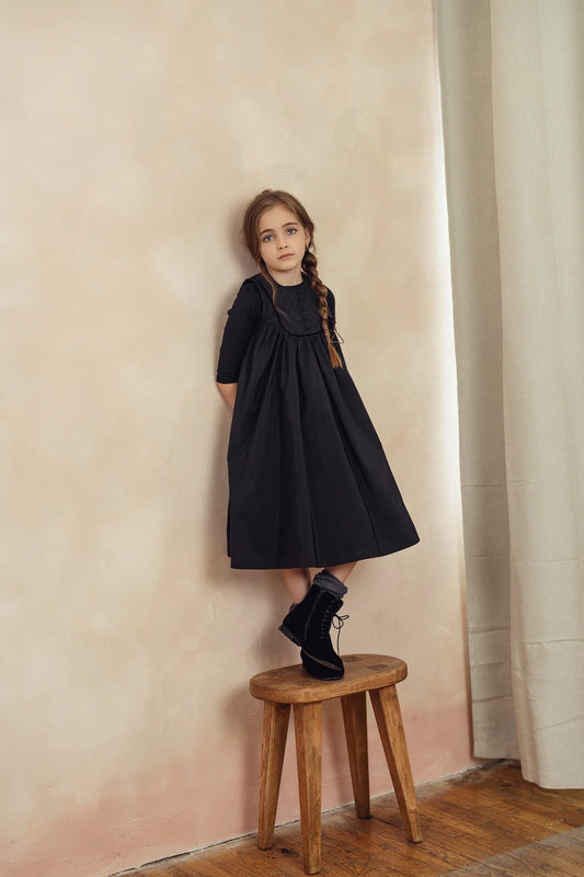QUILTED YOKE FLARED DRESS- Black