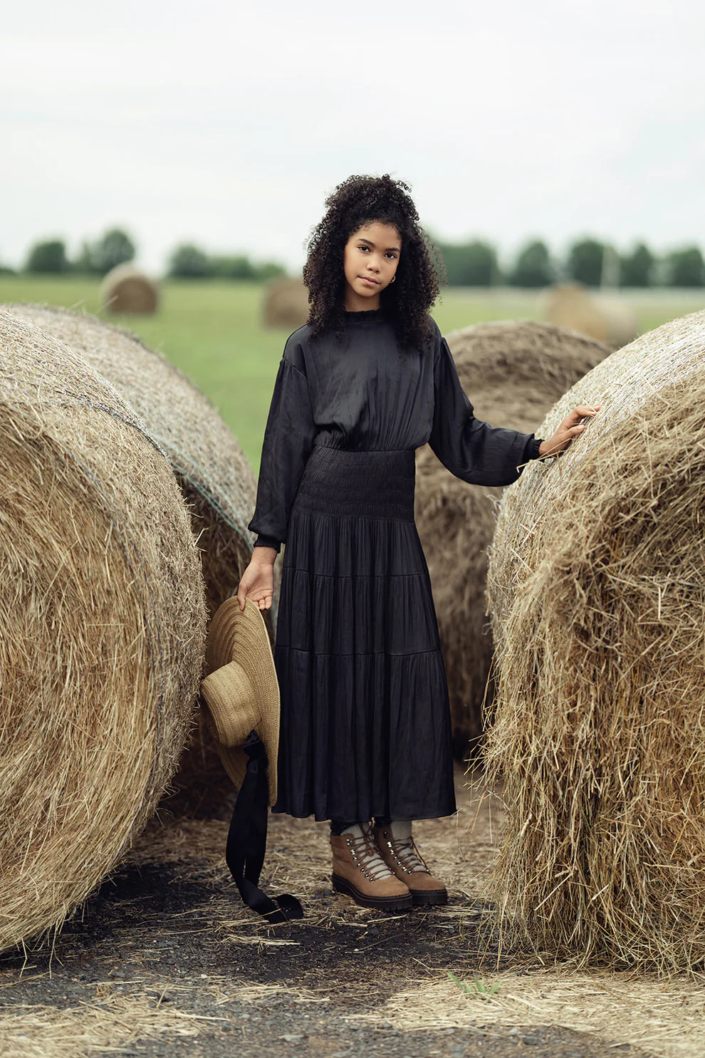 Black Silk Smock Waisted Puff Sleeve Dress