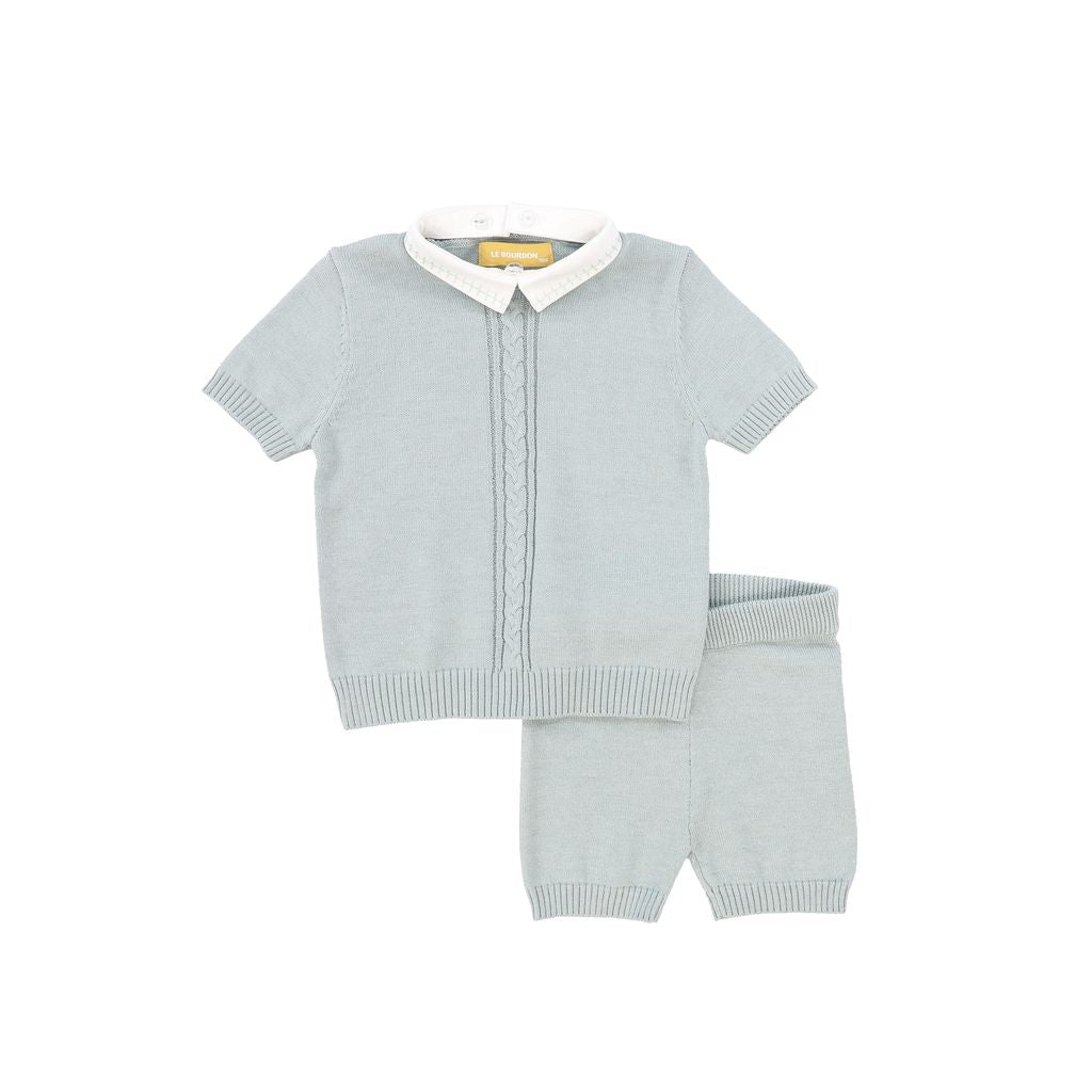 Green Knit Cable Stripe Collar Sweater Set