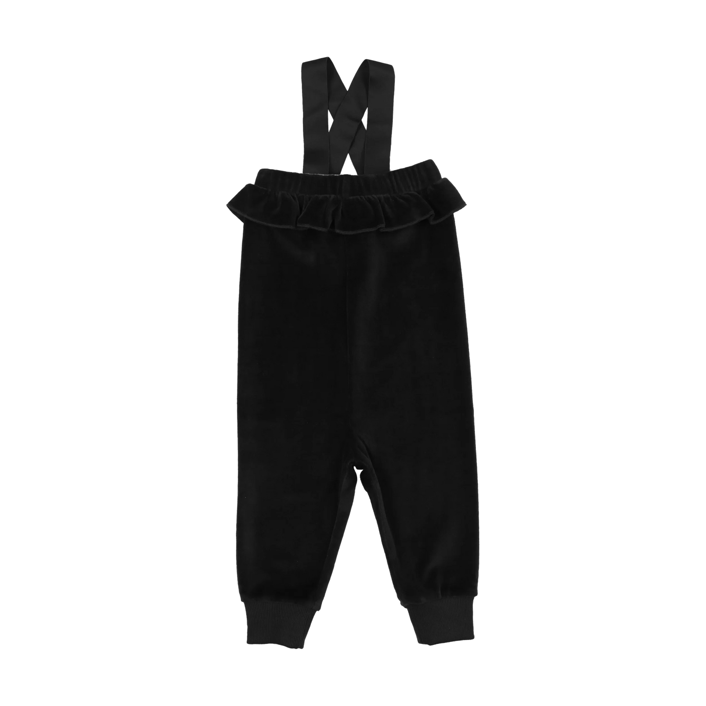 Black Velour Ruffle Overalls