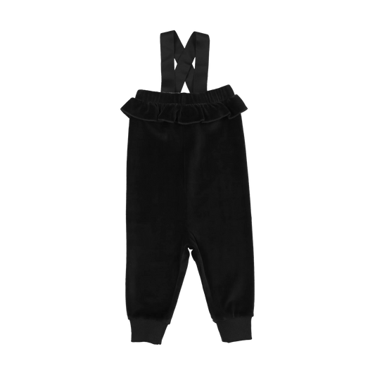 Black Velour Ruffle Overalls