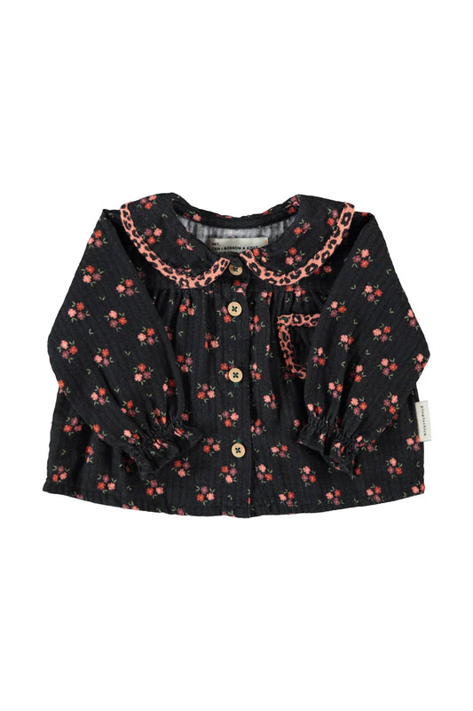 Peter Pan Collar Blouse Black with Flowers