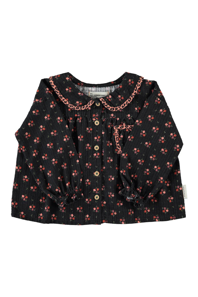 Peter Pan Collar Blouse Black with Flowers