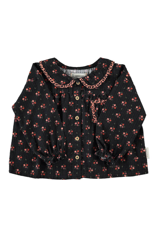 Peter Pan Collar Blouse Black with Flowers