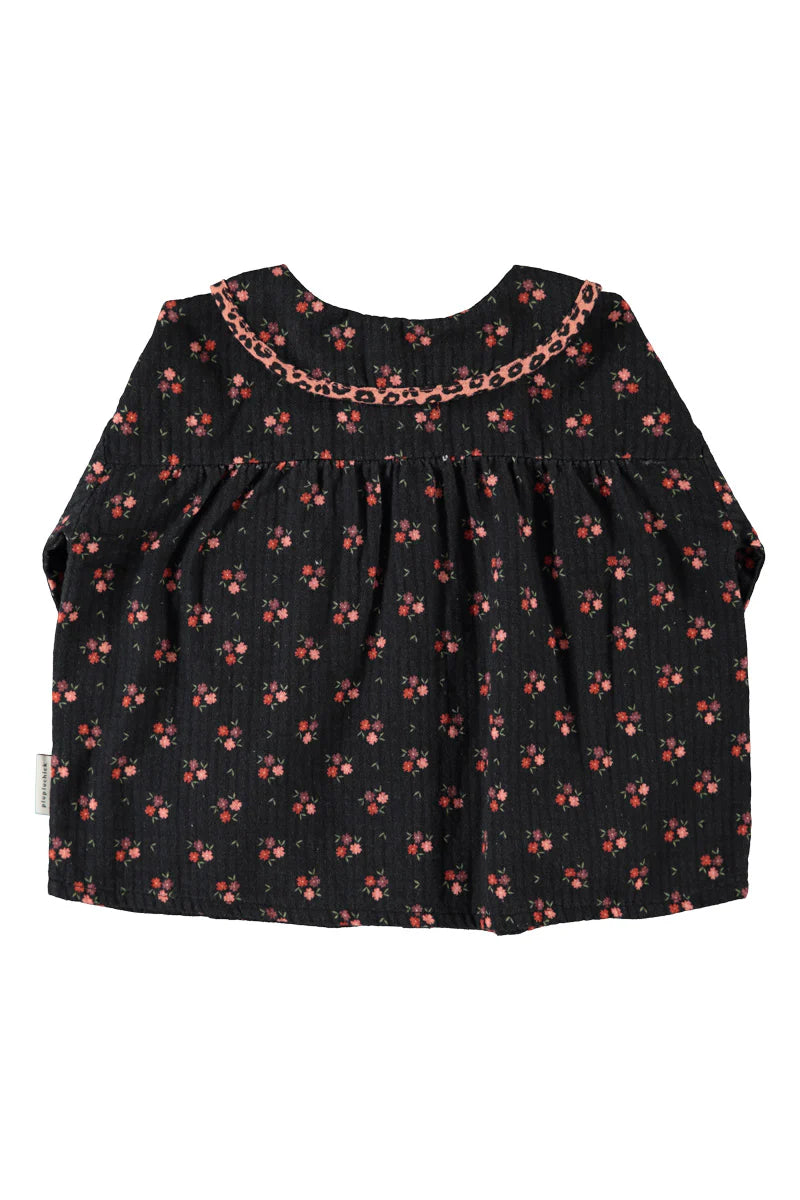 Peter Pan Collar Blouse Black with Flowers
