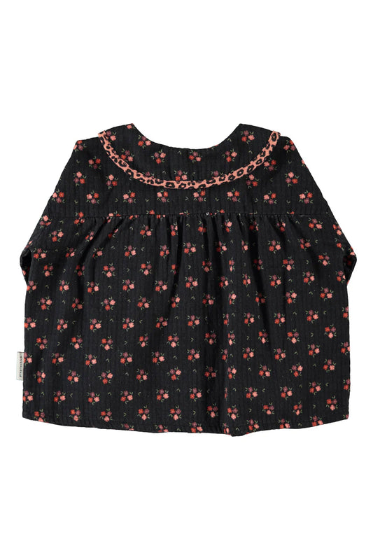 Peter Pan Collar Blouse Black with Flowers